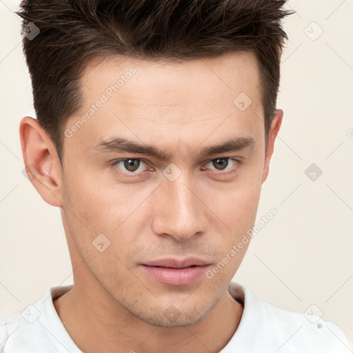 Neutral white young-adult male with short  brown hair and brown eyes