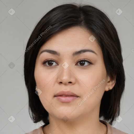 Neutral white young-adult female with medium  brown hair and brown eyes