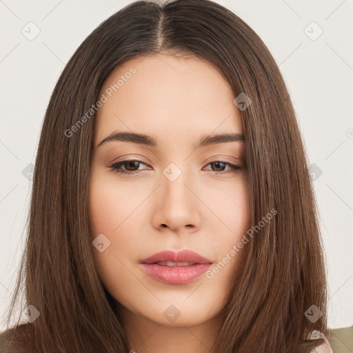 Neutral white young-adult female with long  brown hair and brown eyes