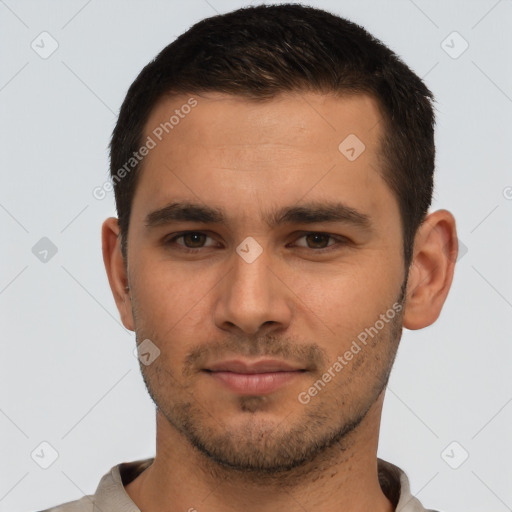 Neutral white young-adult male with short  brown hair and brown eyes