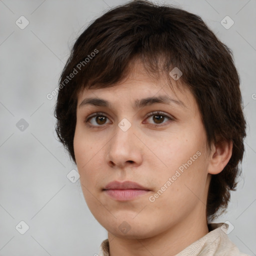 Neutral white young-adult female with medium  brown hair and brown eyes