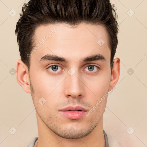 Neutral white young-adult male with short  brown hair and brown eyes