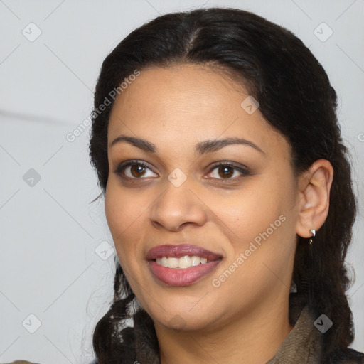 Joyful latino young-adult female with medium  brown hair and brown eyes