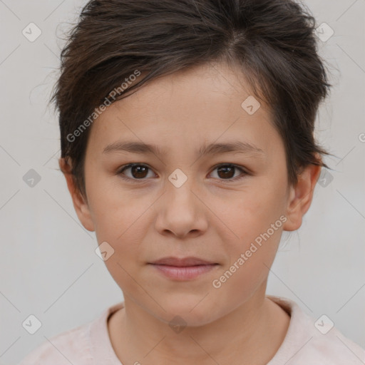 Joyful white child female with short  brown hair and brown eyes