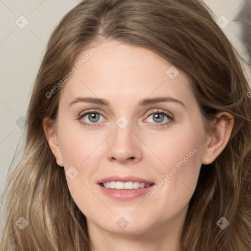 Joyful white young-adult female with long  brown hair and grey eyes