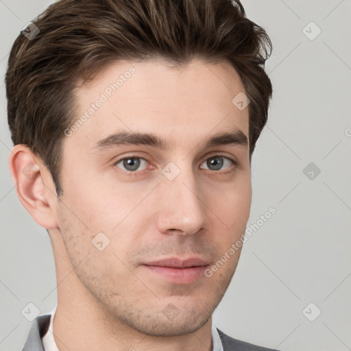 Neutral white young-adult male with short  brown hair and grey eyes