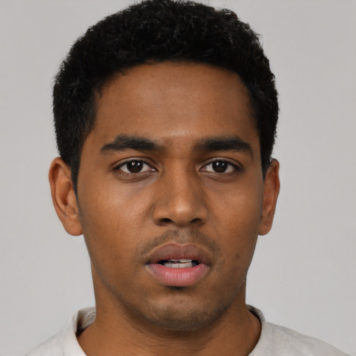 Neutral black young-adult male with short  black hair and brown eyes