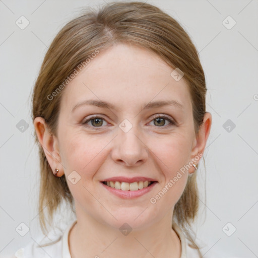 Joyful white young-adult female with medium  brown hair and blue eyes