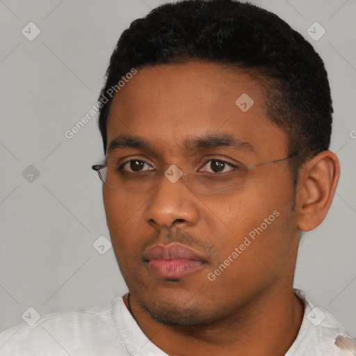 Neutral latino young-adult male with short  black hair and brown eyes