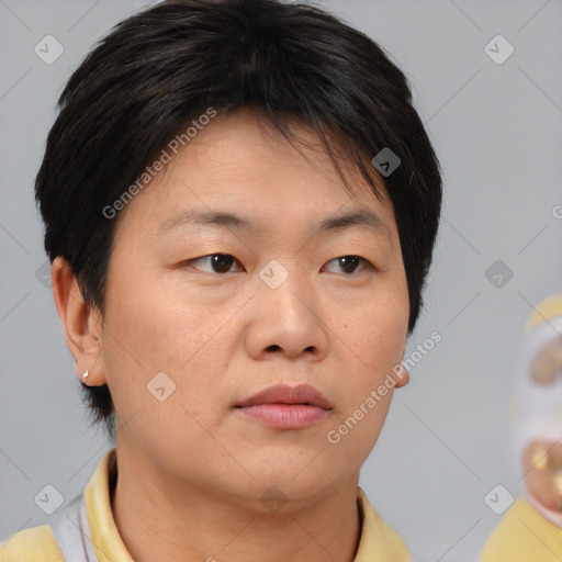Neutral asian young-adult female with medium  brown hair and brown eyes