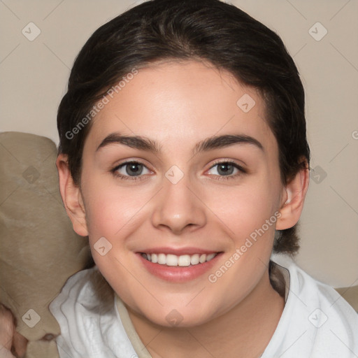 Joyful white young-adult female with medium  brown hair and brown eyes