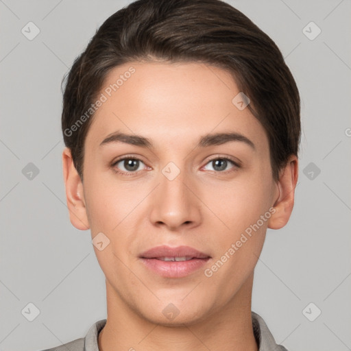 Joyful white young-adult female with short  brown hair and brown eyes