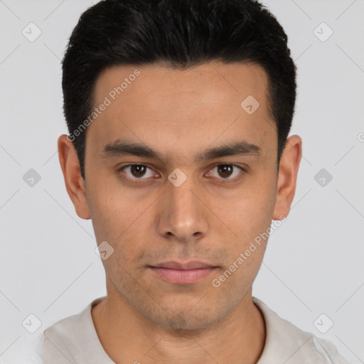 Neutral asian young-adult male with short  black hair and brown eyes