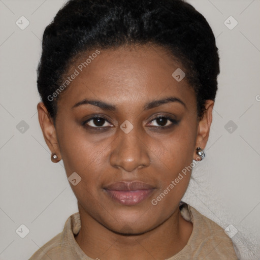 Neutral black young-adult female with short  brown hair and brown eyes