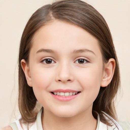 Joyful white child female with medium  brown hair and brown eyes