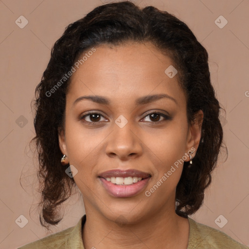 Joyful black young-adult female with medium  brown hair and brown eyes