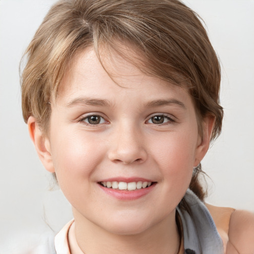 Joyful white child female with medium  brown hair and brown eyes