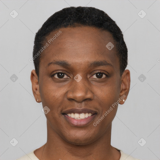 Joyful black young-adult female with short  black hair and brown eyes