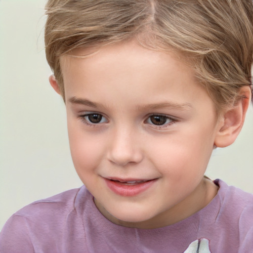 Joyful white child female with short  brown hair and brown eyes