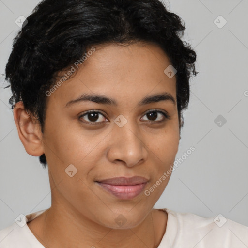 Joyful latino young-adult female with short  brown hair and brown eyes