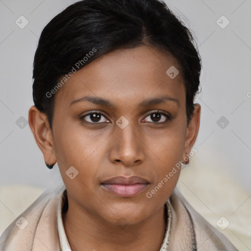 Neutral black young-adult female with short  brown hair and brown eyes