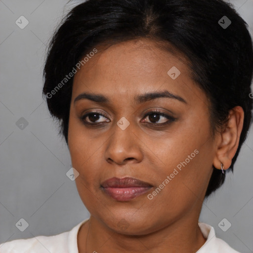 Joyful black young-adult female with medium  brown hair and brown eyes