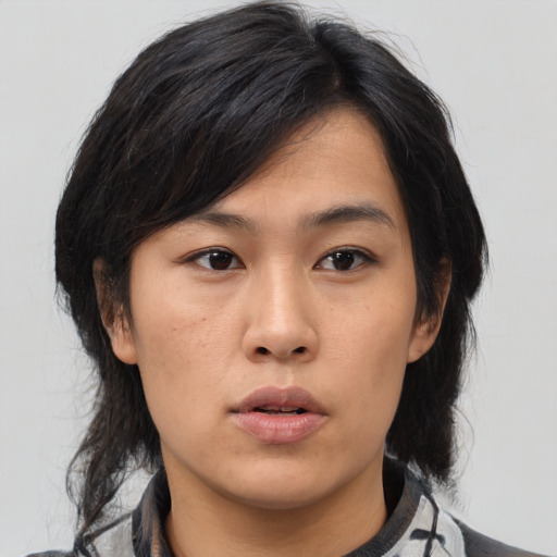 Neutral asian young-adult female with medium  black hair and brown eyes