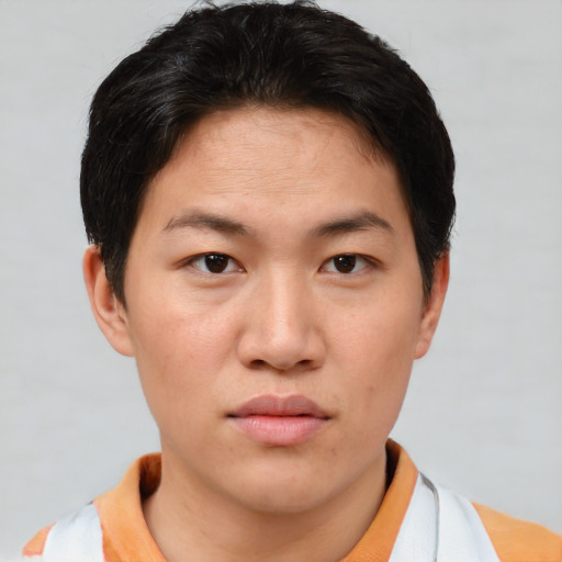 Neutral asian young-adult female with short  brown hair and brown eyes