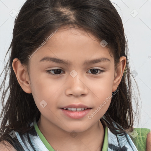 Joyful white child female with medium  brown hair and brown eyes