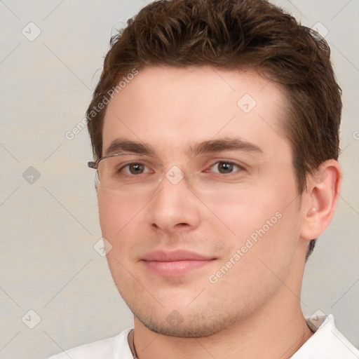 Neutral white young-adult male with short  brown hair and brown eyes