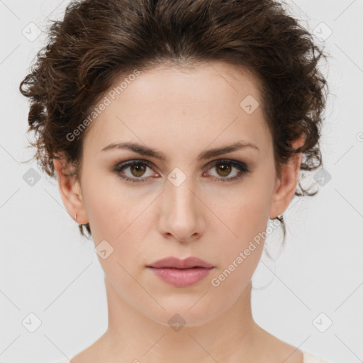 Neutral white young-adult female with short  brown hair and brown eyes