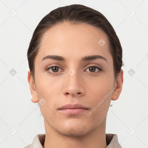 Neutral white young-adult female with short  brown hair and brown eyes