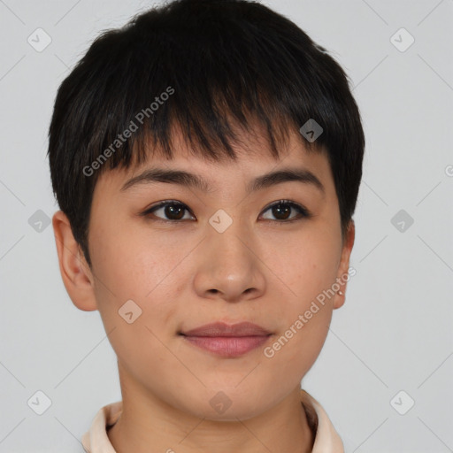 Joyful asian young-adult female with short  brown hair and brown eyes