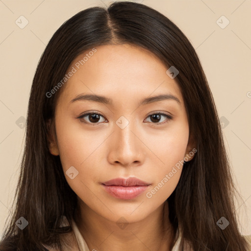 Neutral white young-adult female with long  brown hair and brown eyes