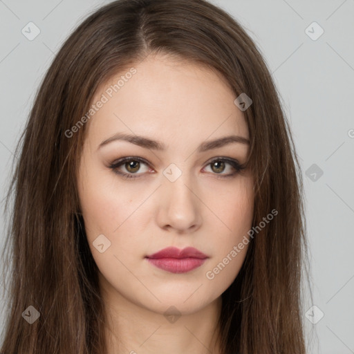 Neutral white young-adult female with long  brown hair and brown eyes