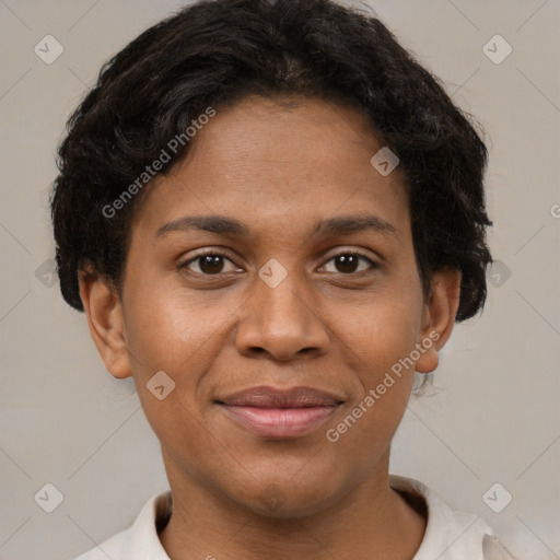 Joyful black young-adult female with short  brown hair and brown eyes