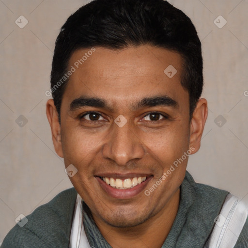 Joyful white young-adult male with short  black hair and brown eyes