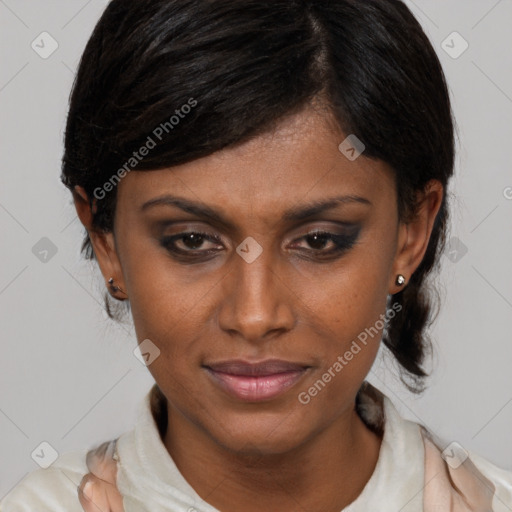 Joyful latino young-adult female with medium  brown hair and brown eyes