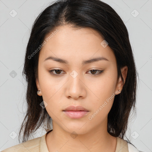 Neutral asian young-adult female with long  brown hair and brown eyes