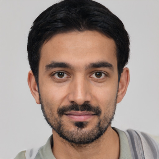 Neutral white young-adult male with short  black hair and brown eyes
