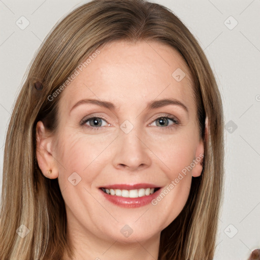 Joyful white young-adult female with long  brown hair and grey eyes