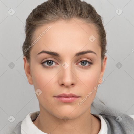 Neutral white young-adult female with short  brown hair and brown eyes