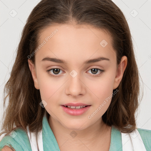 Joyful white child female with medium  brown hair and brown eyes