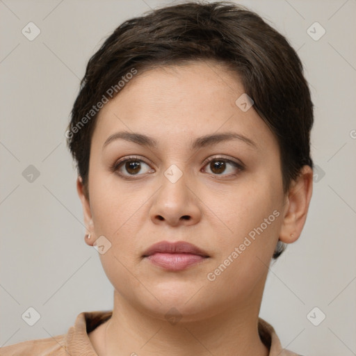 Neutral white young-adult female with short  brown hair and brown eyes