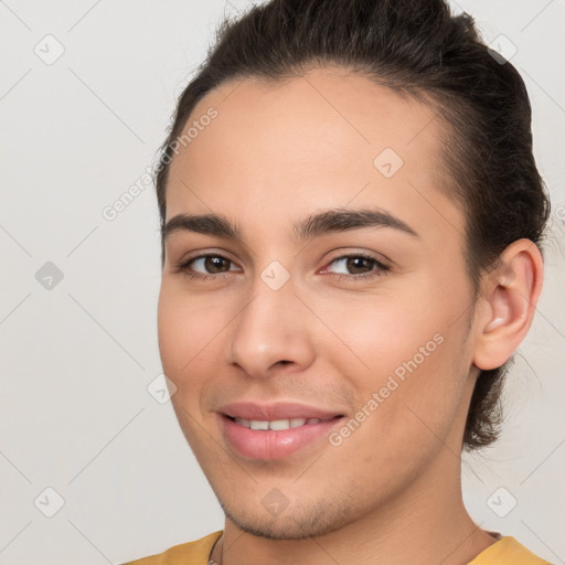 Joyful white young-adult female with short  brown hair and brown eyes