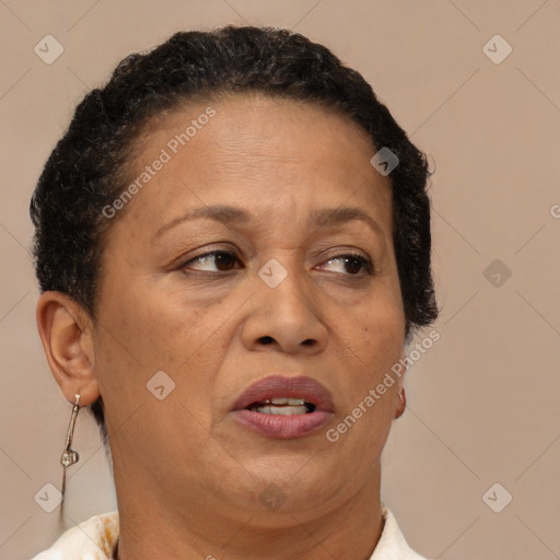 Neutral black adult female with short  brown hair and brown eyes