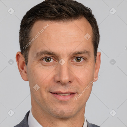 Joyful white adult male with short  brown hair and brown eyes