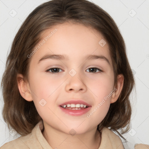 Joyful white child female with medium  brown hair and brown eyes