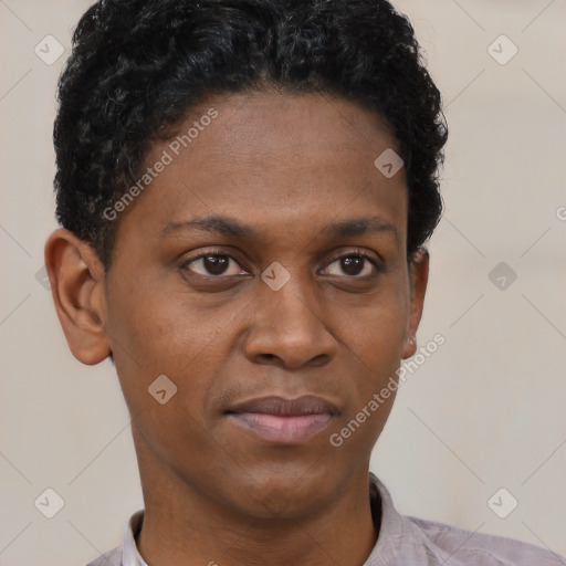 Neutral black young-adult female with short  black hair and brown eyes