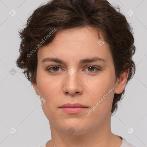 Neutral white young-adult female with short  brown hair and brown eyes